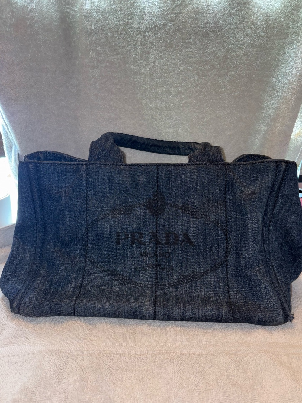 Prada Dark Blue Denim Logo Tote Authentic